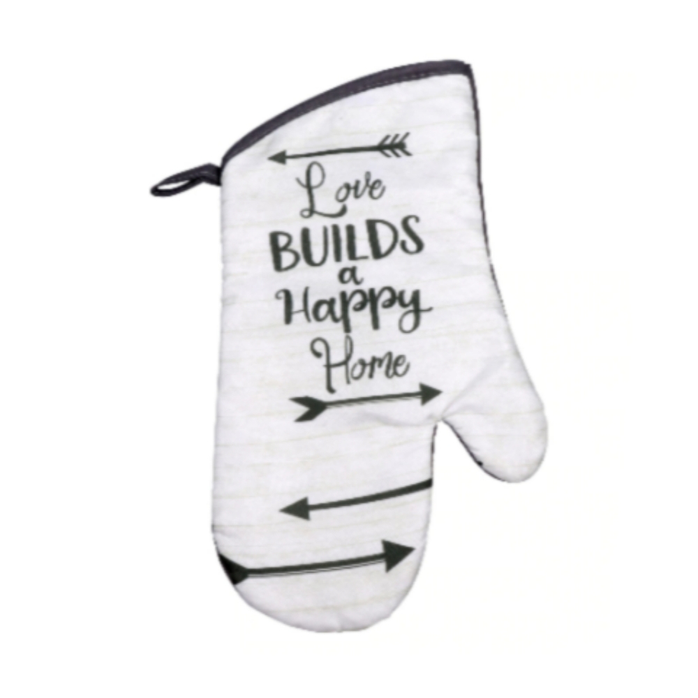 "LOVE builds a Happy home" oven mittens